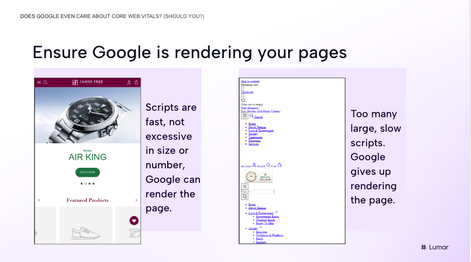 Example of how a page may render to a user and how Googlebot may see the same page if it loads too slowly to render