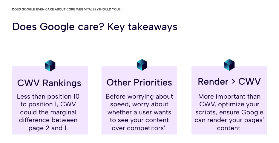 SEO webinar slide summarizing how and when Core Web Vitals matter for Google Search ranking optimization