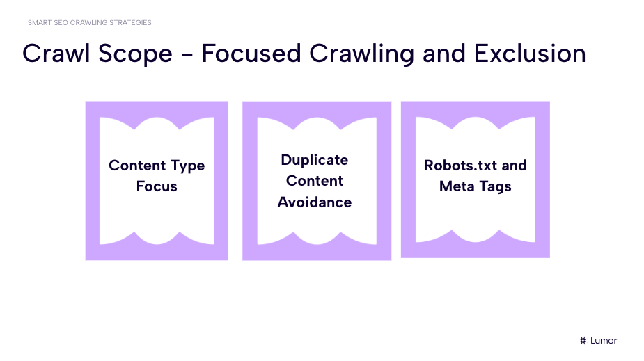 Slide from the SEO Crawl Strategies Webinar.  Slide text reads:  “Crawl Scope - Focused Crawling and Exclusion. Content-Type Focus. Duplicate Content Avoidance. Robots.txt and Meta Tags.”