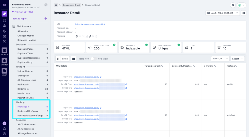 Screenshot of Lumar Analyze, showing the page details view, with the hreflang information highlighted.