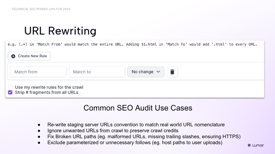 Slide from "Technical SEO Power-Ups for 2024" webinar deck - showing common SEO audit use cases for Lumar's URL rewriting feature