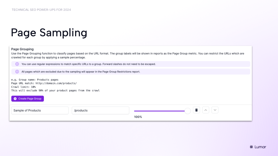 Slide on how to scale technical SEO efforts with page sampling in the Lumar platform.