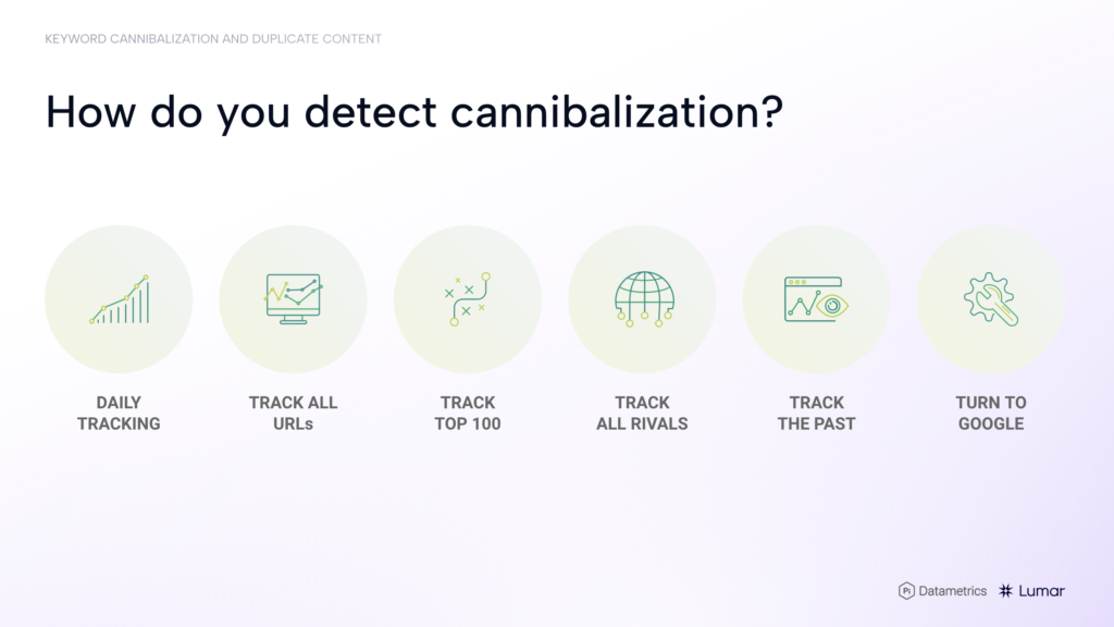 Slide from SEO webinar presentation deck. How to detect keyword cannibalization - with daily tracking, tracking all URLs, tracking tpo 100, tracking rivals, tracking the past, or turning to Google.