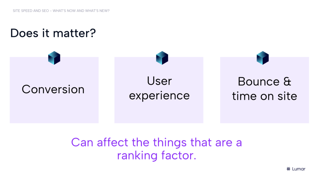 SEO webinar slide from the March 2024 Lumar session on site speed, core web vitals, and SEO.  Text on slide reads:  Does it matter? Conversion. User Experience. Bounce and time on site. Can affect the things that are a ranking factor.  