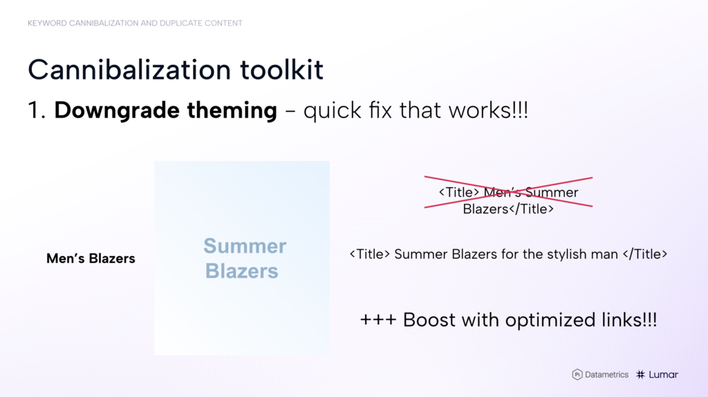 (SEO webinar slide) - How to fix keyword cannibalization by downgrading a page's theme.