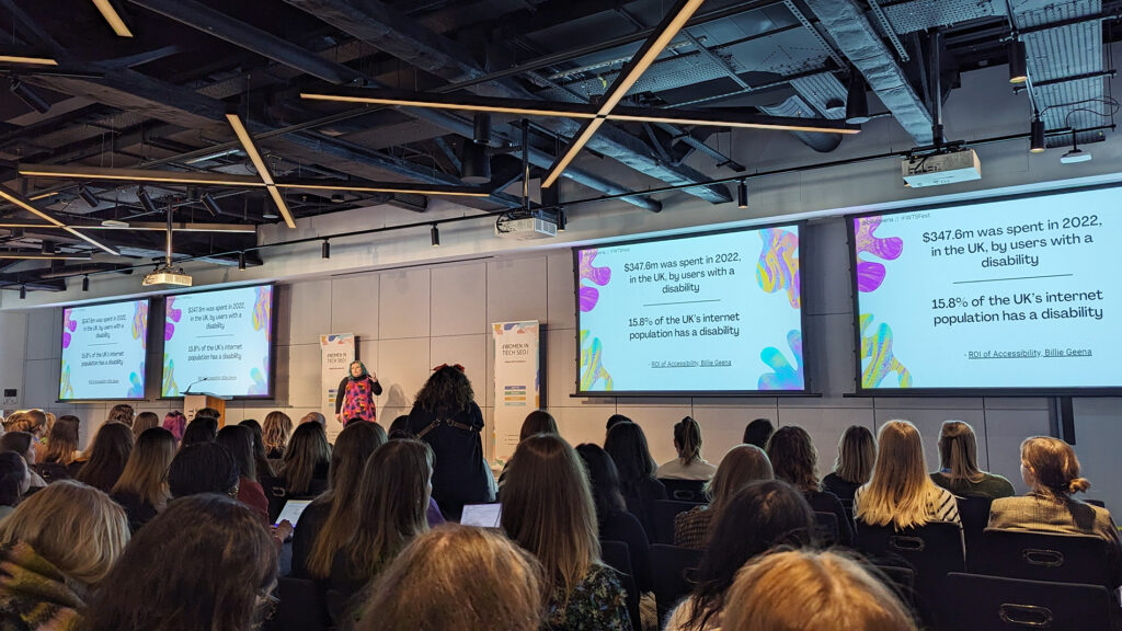 Billie Geena Hyde, SEO consultant, on stage at WTSFest London, on 8th of March, 2024, International Women's Day