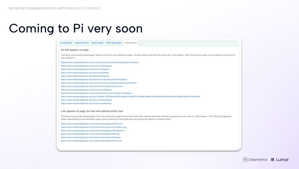 Slide showing example of new SEO internal linking tools coming to Pi soon.