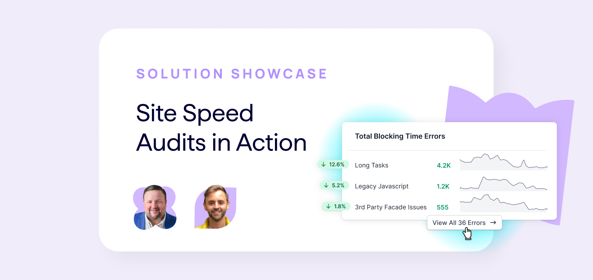 Lumar SEO Webinar - Solutions Showcase - Site Speed Audits in Action - Banner shows photos of webinar speakers and site speed metrics example
