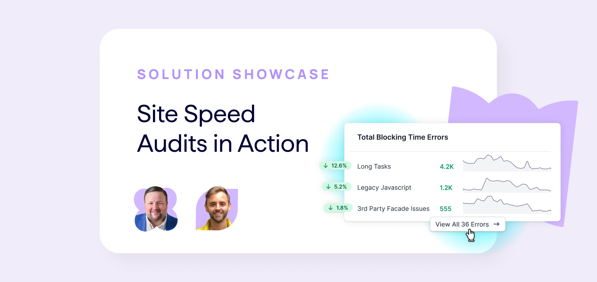  Lumar SEO Webinar - Solutions Showcase - Site Speed Audits in Action - Banner shows photos of webinar speakers and site speed metrics example