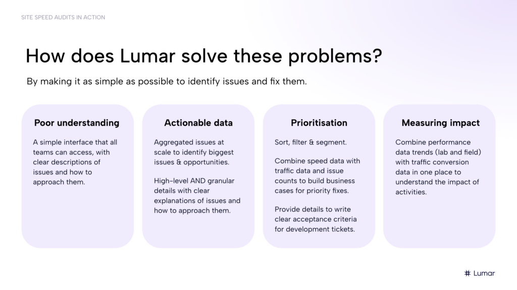 Slide from the Lumar webinar on website speed audits. Text reads: How does Lumar solve these problems? By making it as simple as possible to identify issues and fix them. A simple interface that all teams can access, with clear descriptions of issues and how to approach them. Aggregated issues at scale to identify biggest issues & opportunities. High-level AND granular details with clear explanations of issues and how to approach them.  Sort, filter & segment. Combine speed data with traffic data and issue counts to build business cases for priority fixes. Provide details to write clear acceptance criteria for development tickets. Combine performance data trends (lab and field) with traffic conversion data in one place to understand the impact of activities.