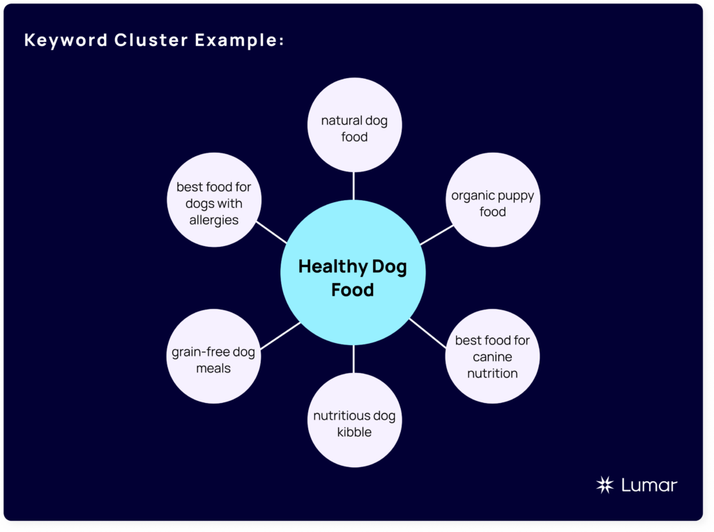 Keyword cluster example using 'healthy dog food' as the 'hub' topic and related keywords spanning outward from this primary keyword in various spokes.