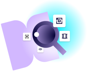 icon showing magnifying glass and lumar brand colors