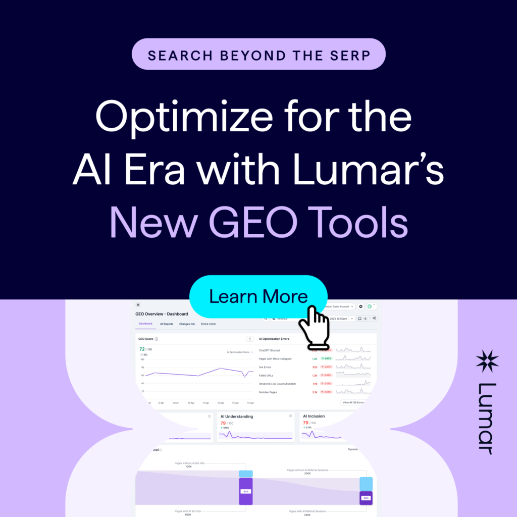 Optimize for the AI search era with Lumar's new GEO (generative engine optimization) tools. - Image shows example GEO reports for AI visibility optimization in the Lumar website optimization platform.