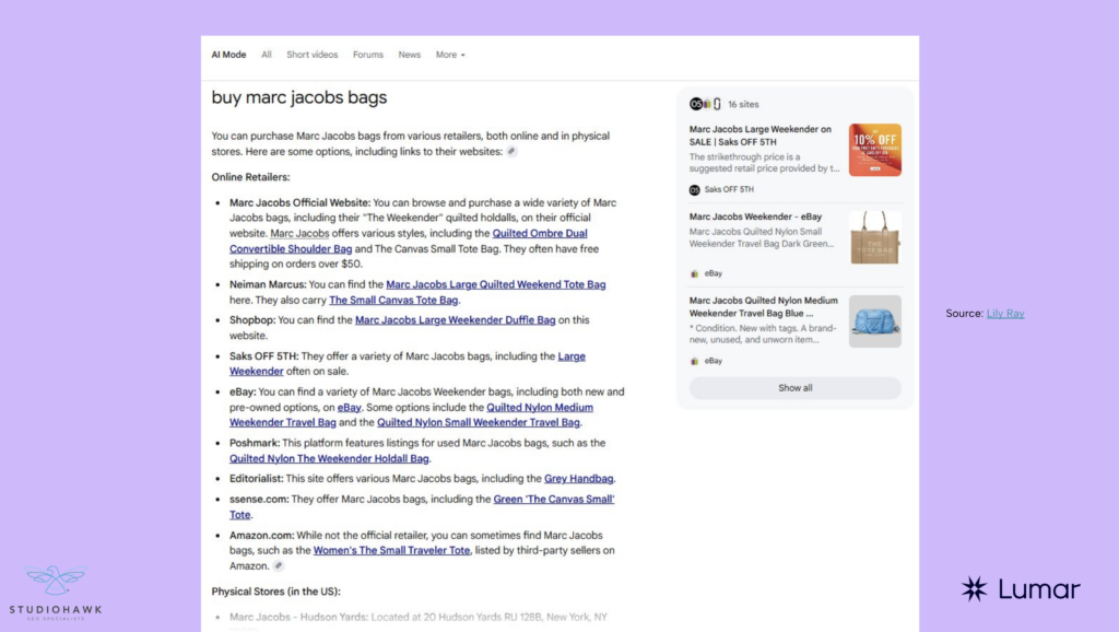 Google AI Mode shopping query results example  