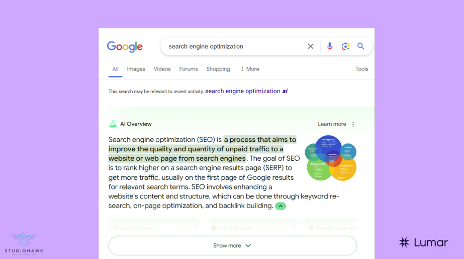 example of AI Overview appearing at the top of standard Google SERPs
