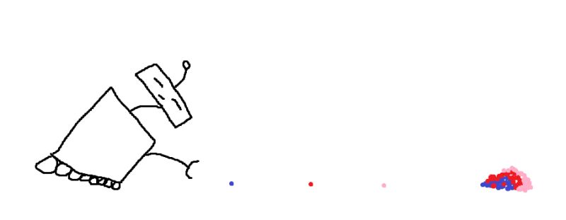 SEO drawing by Richard Barrett, showing a robot representing search engine crawlers picking up pieces of candy (representing web pages)