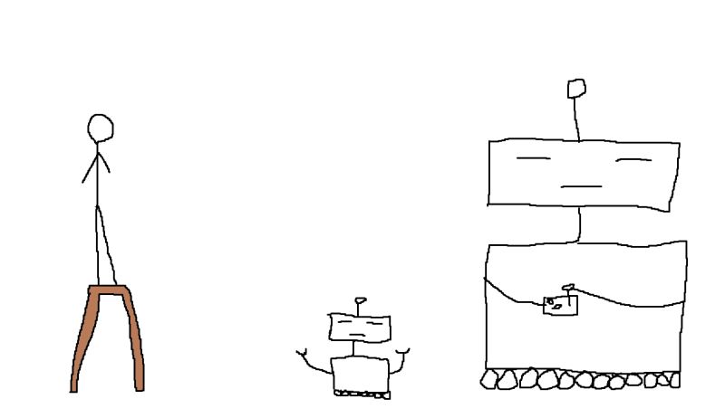 SEO explainer drawing by Richard Barrett, Director of SEO Pro Services at Lumar. Drawing shows a robot trying to navigate to reach a stick figure on a stool, representing content that is out of reach of search crawlers. 