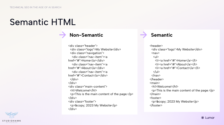 Side by side comparison of semantic HTML vs. non-semantic HTML