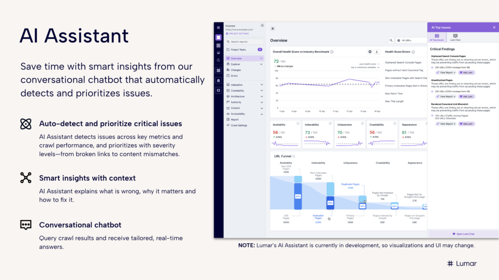 slide describing Lumar's upcoming AI agent assistant that will support website analysis and crawl data insights in the Lumar platform 