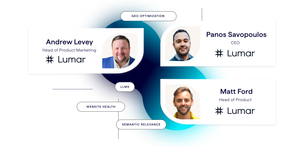 GEO Toolkit Webinar Presenters - AI Search Optimization in Lumar - Webinar Presenters shown in image - Matt Ford, Head of Product at Lumar ; Panos Savopoulos, CEO at Lumar ; Andrew Levey, Head of Product Marketing at Lumar.