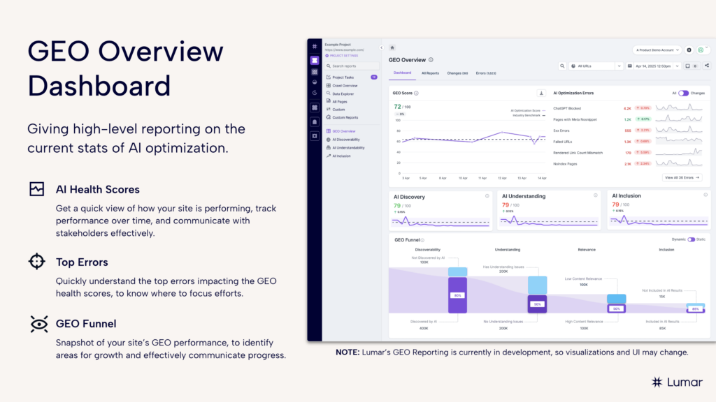 Lumar platform update webinar slide outlining the upcoming GEO dashboard for AI search optimization 