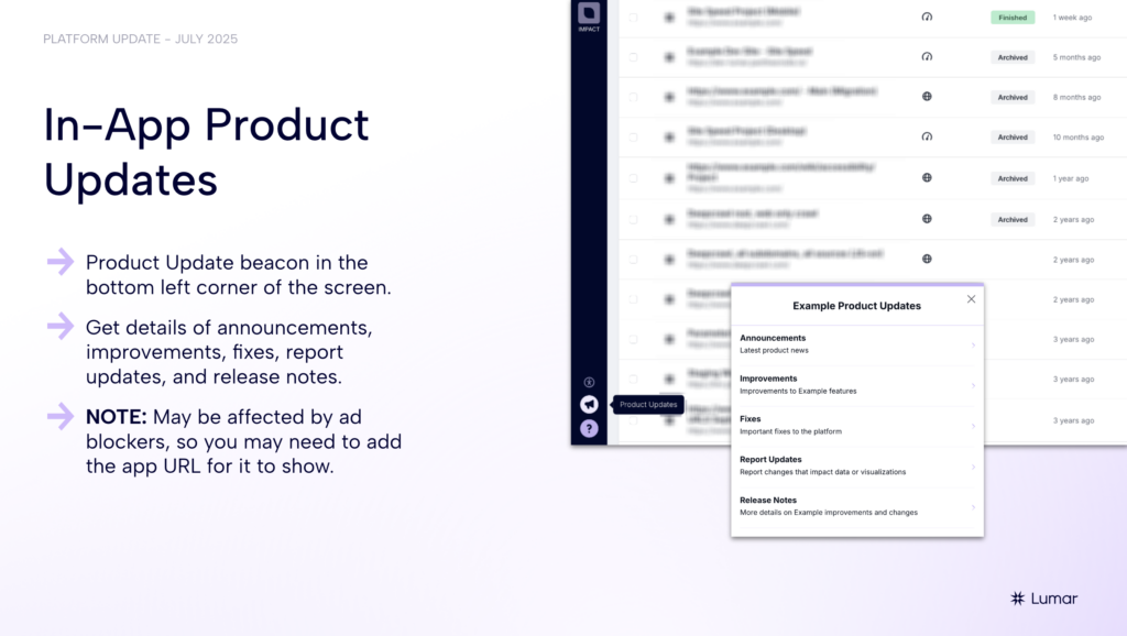 slide showing where to find Lumar platform updates and new tool and feature alerts within the Lumar app 