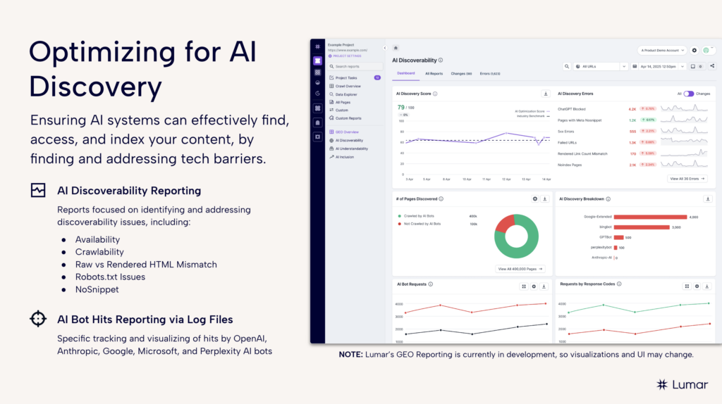Lumar platform update slide outlining new and and upcoming tools related to GEO and AI search discoverability 