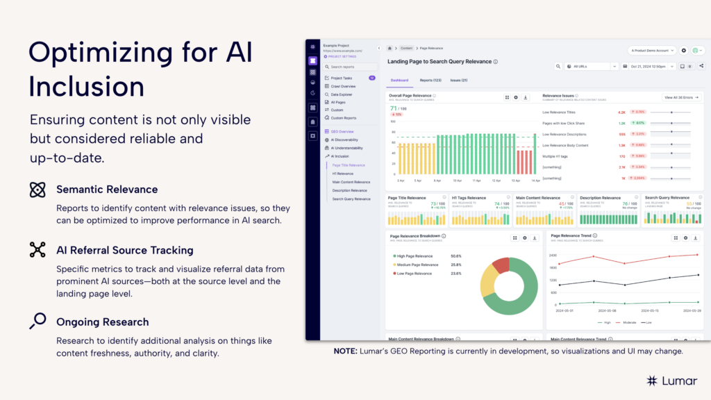 slide from the Lumar platform update webinar (2025) on upcoming features relating to GEO / AI search optimization tools - this slide describes Lumar AI inclusion reports forthcoming in the platform that will provide insights into semantic relevancy and more 