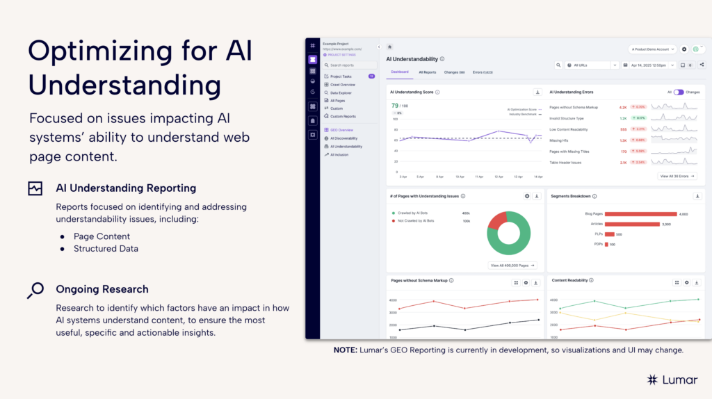Upcoming Lumar GEO / AI search visibilty reports relating to optimizing your website content for AI understanding 