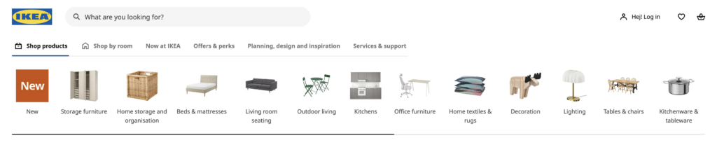example of a large multi-category ecommerce site - IKEA site categories by product type
