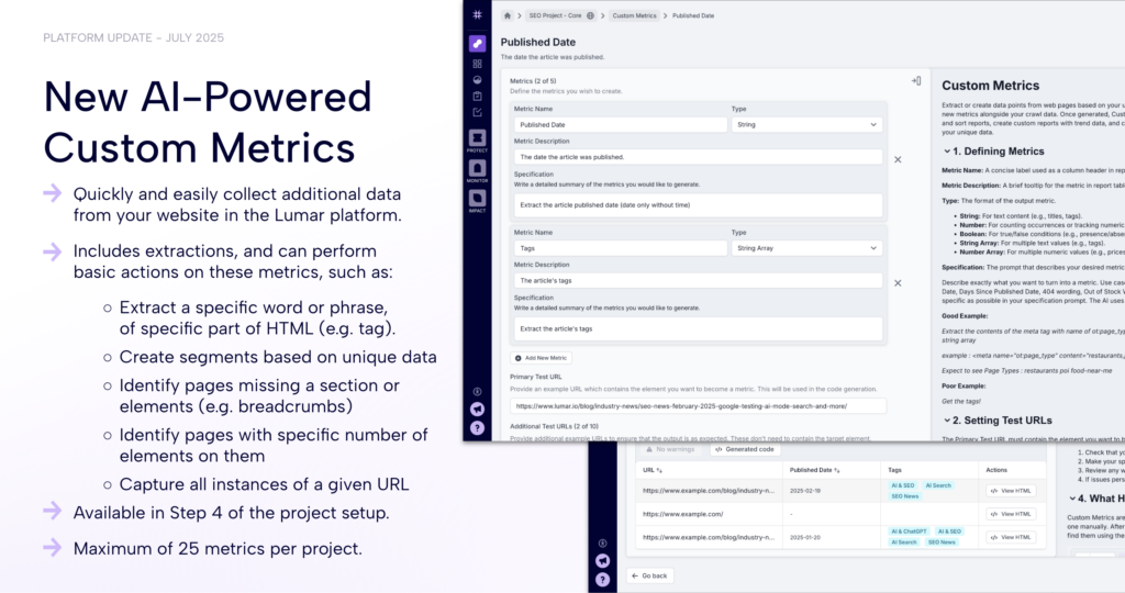 New AI-powered custom metrics in Lumar - platform update slide showing Lumar app UI for custom website metrics feature 