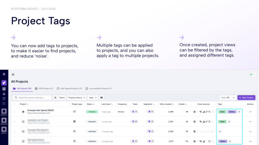 Lumar platform update webinar slide showing overview of new project tagging features 