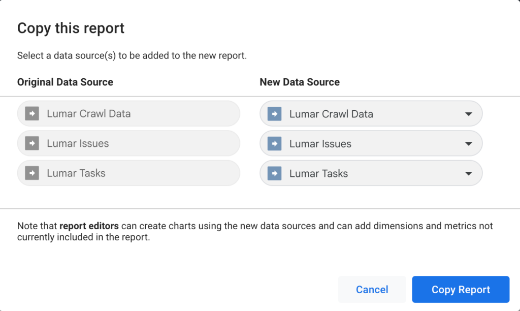 Screenshot of the copy modal for the Lumar Looker Studio tech SEO template showing the original data sources, and the ability to choose new data sources from drop downs. Buttons for cancel and copy report are also visible. 