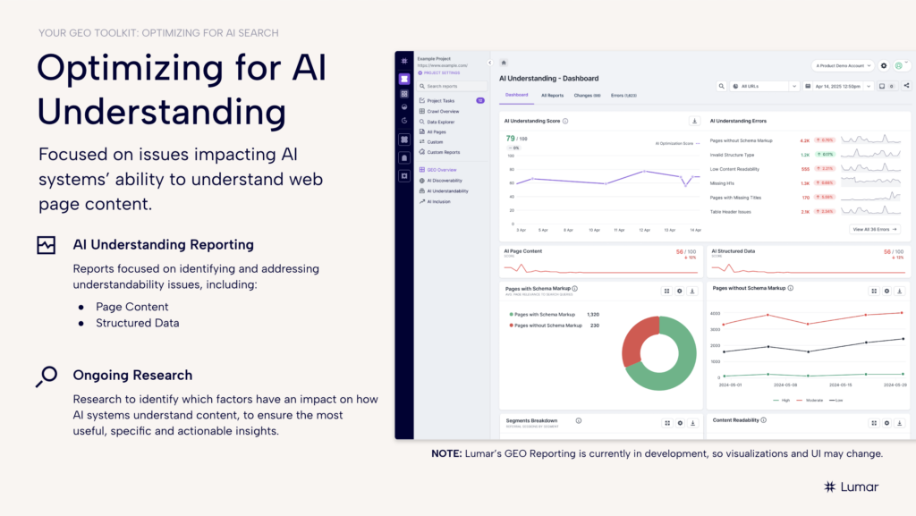 Optimizing for AI understanding with new Lumar GEO (generative engine optimization) tools - webinar slide showing AI understanding dashboard in the Lumar website optimization platform. 