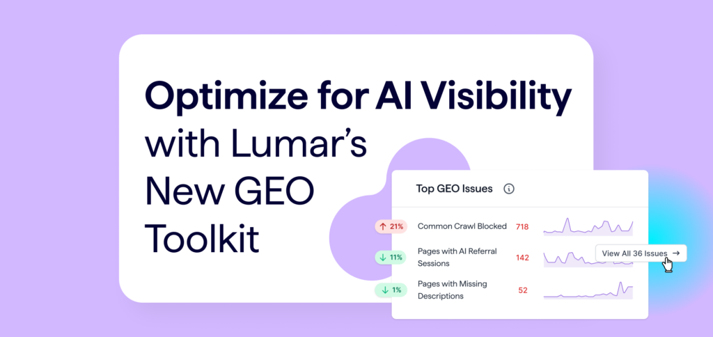 Optimize for AI visibility with Lumar's new GEO toolkit. Image shows example GEO reports in Lumar.