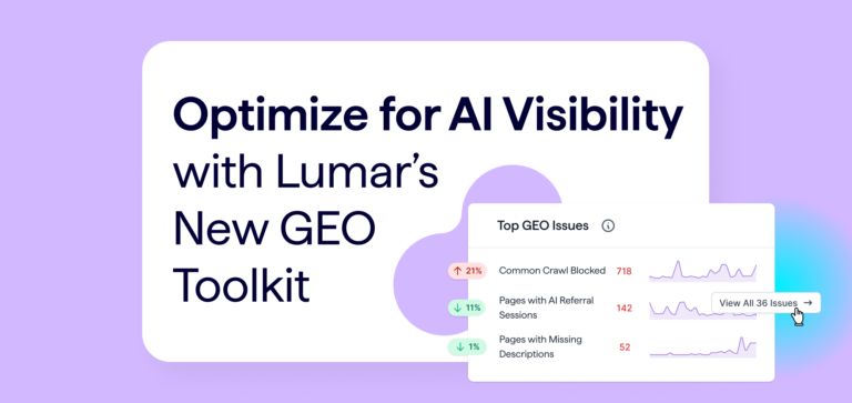 Optimize for AI visibility with Lumar's new GEO toolkit. Image shows example GEO reports in Lumar.