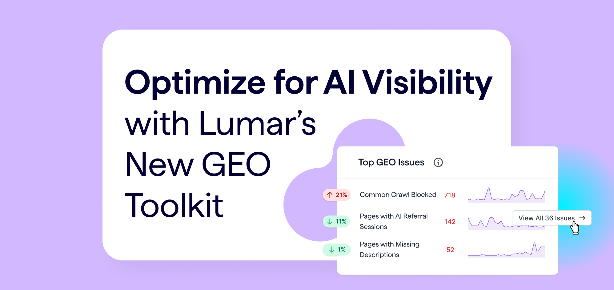 Optimize for AI visibility with Lumar's new GEO toolkit. Image shows example GEO reports in Lumar.