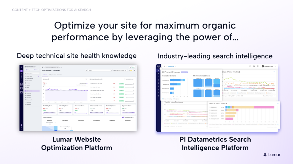 GEO AEO tools for AI search optimization - Lumar and Pi Datametrics platforms. 