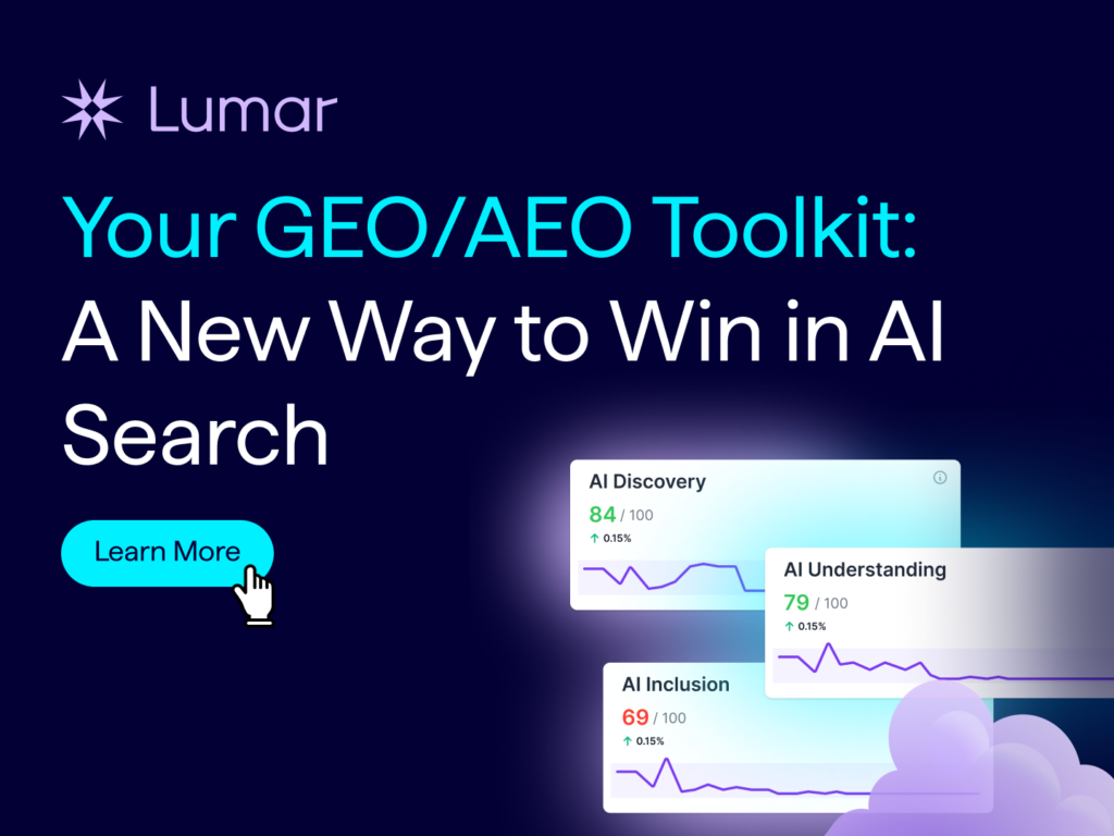 Lumar GEO AEO Tools - A New Way to Win in AI Search. Example AI search optimization reports in Lumar shown in image.