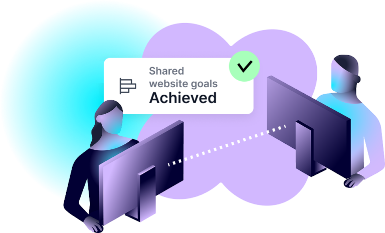 Lumar professional SEO GEO services graphic showing 2 people connected online with text that reads 'shared website goal - achieved'.