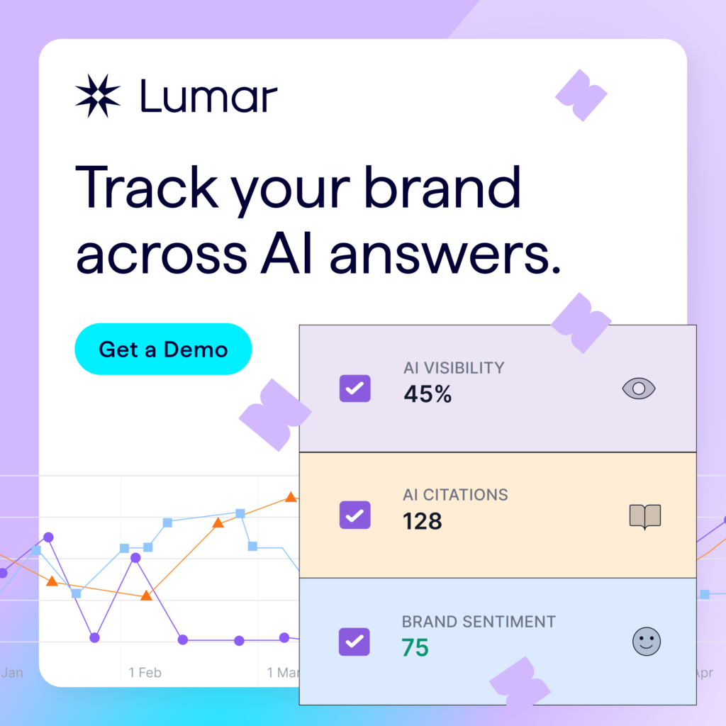 Lumar AI visibility and prompt tracking tools banner. Image shows example reports and dashboard elements from the Lumar AI visibility tracking platform. Text reads Track your brand across AI answers.