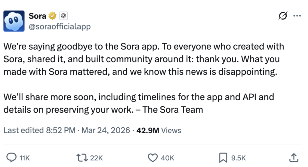 screenshot of Sora announcing that the AI generative video app is shutting down, March 2026. 