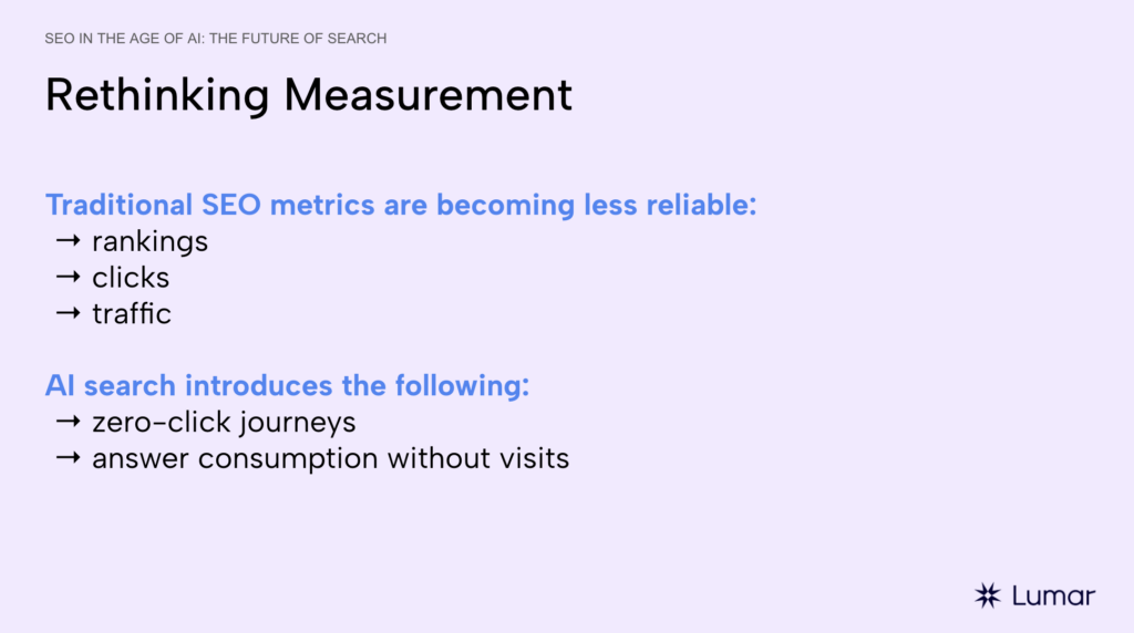 Lumar webinar slide explaining how traditional SEO metrics like rankings, clicks, and traffic are becoming less reliable as AI search creates zero-click journeys and answer consumption without website visits. 