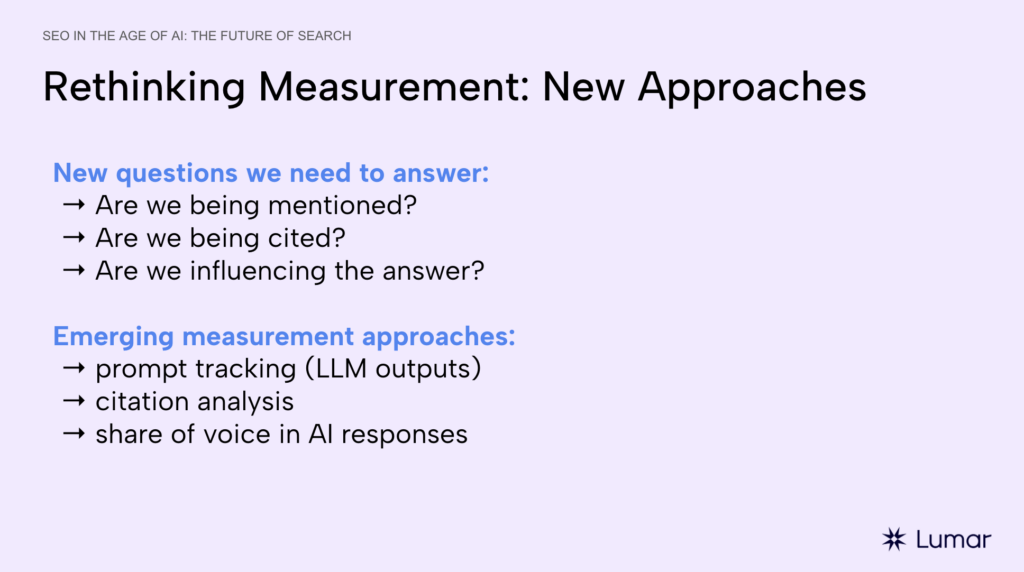 An informational webinar slide from a Lumar GEO AEO session titled "Rethinking Measurement: New Approaches." It lists three critical questions for the AI era: "Are we being mentioned?", "Are we being cited?", and "Are we influencing the answer?" Under emerging measurement approaches, it highlights prompt tracking of LLM outputs, citation analysis, and share of voice in AI responses.   