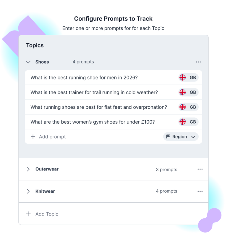 AI visibility tracking - choose prompts to track and organize them into topics in the Lumar platform. Image shows platform UI and ecommerce examples of prompts tracked relating to shoes and organized into topic areas.