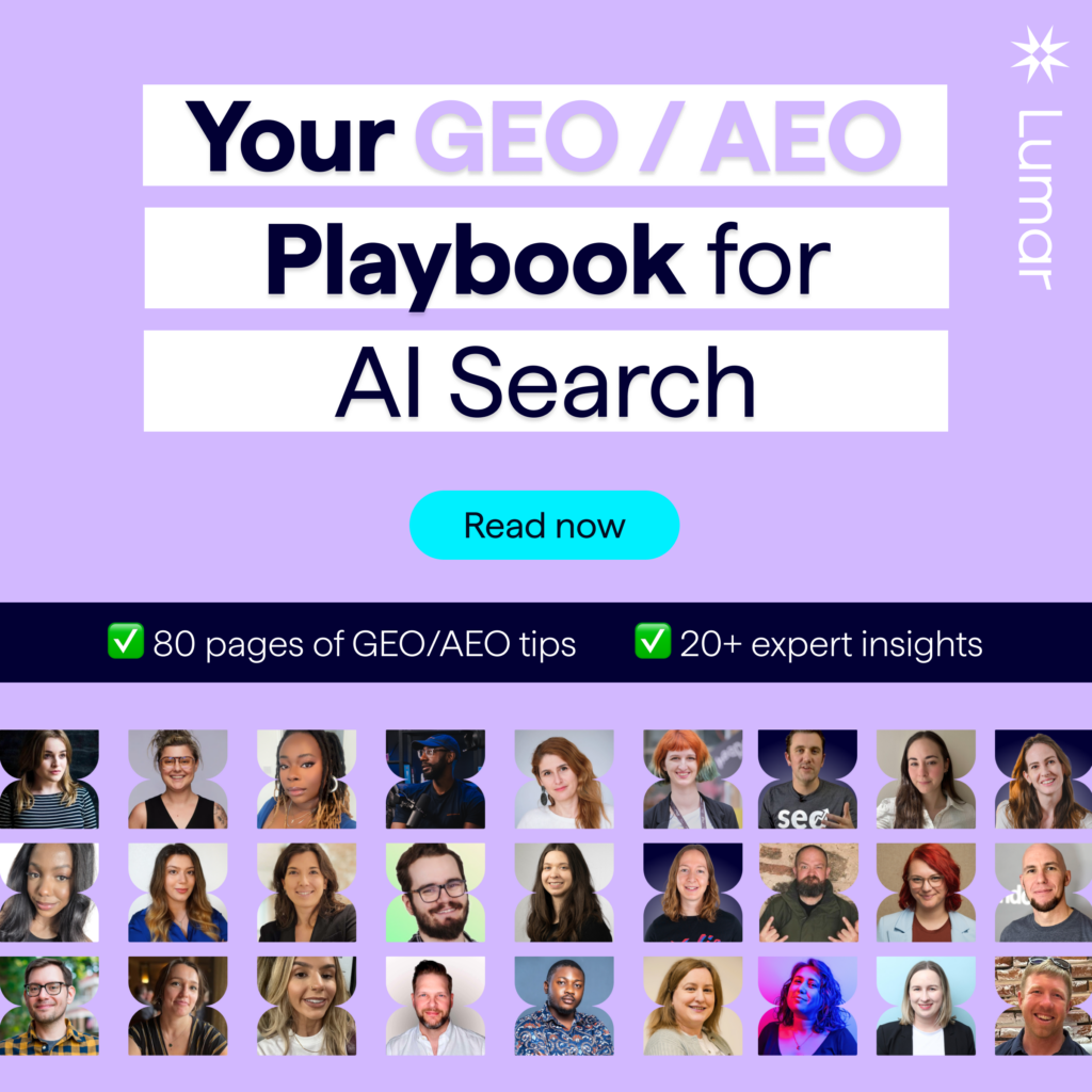 Lumar GEO AEO eBook banner showing 26 expert SEO contributors who provided insights for the AI search optimization playbook by Lumar.