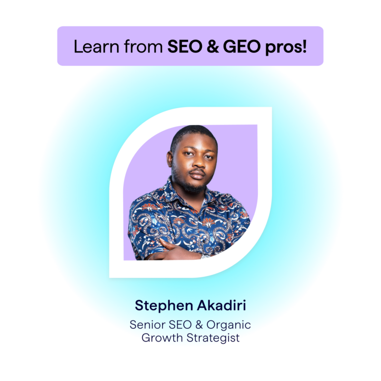 Learn from SEO and GEO Pros - Banner shows Lumar webinar speaker Stephen Akadiri, senior SEO and organic growth specialist.