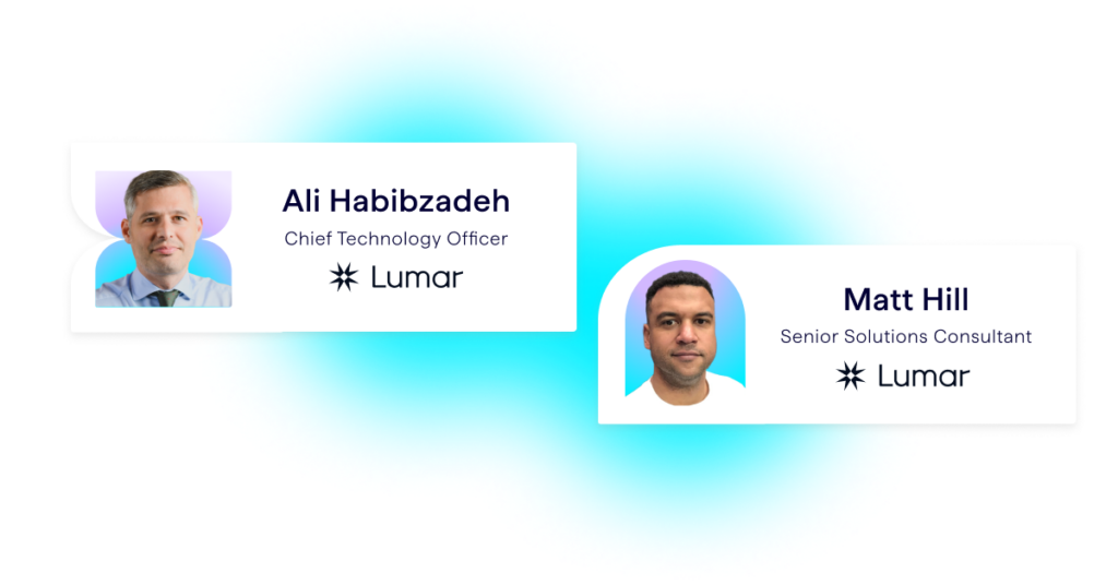 Lumar GEO AEO webinar header banner showing the 2 expert presenters, Ali Habibzadeh, Chief Technology Officer at Lumar, and Matt Hill, Senior Solutions Engineer at Lumar. 