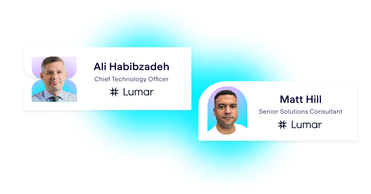 Lumar GEO AEO webinar header banner showing the 2 expert presenters, Ali Habibzadeh, Chief Technology Officer at Lumar, and Matt Hill, Senior Solutions Engineer at Lumar.