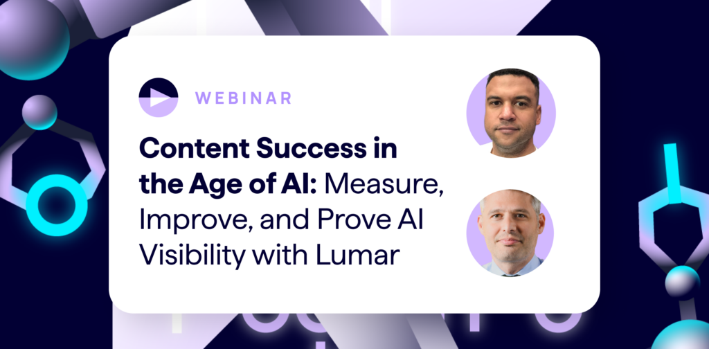 Lumar GEO AEO webinar header banner showing the 2 expert presenters, Ali Habibzadeh, Chief Technology Officer at Lumar, and Matt Hill, Senior Solutions Engineer at Lumar.